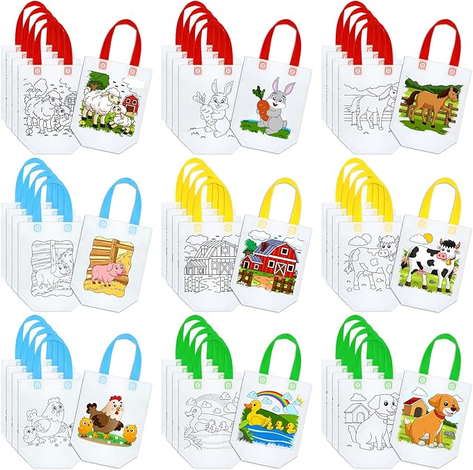 Kacctyen 45 Pcs Color Your Own Goodie Bags Reusable Farm Animals Art Party Favor Paint Bags for Farmhouse Theme Barnyard Birthday Graffiti Goodie Bags, 9 Styles