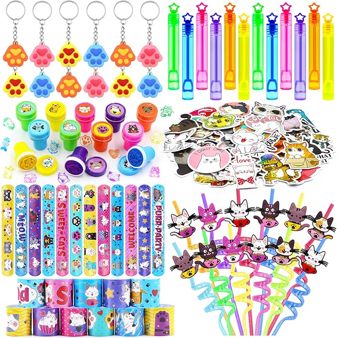 Cat Party Favors for Kids, Cat Themed Birthday Party Supplies with Cat Straw Claw Keychain Slap Bracelet Slap Bracelet Sticker for Girls