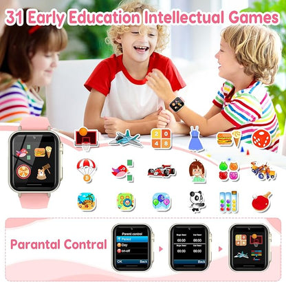 cjc Smart Watch for Kids Gift for Girls Ages 4-12 - Includes Screen Protector, 30+ Games, 140 Learning Cards, HD Touch Screen, Camera, Music, Pedometer - Fun & Educational Birthday Gift Idea (Pink)