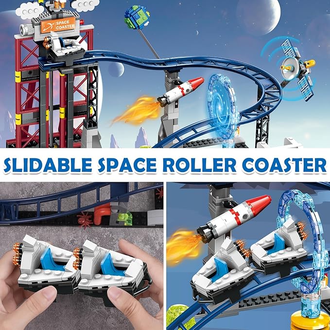 HOGOKIDS Space Roller Coaster Building Toy - 926PCS Coaster Building Set Features Lift Platform, Satellites, Rocket Buildable Space Rollercoaster Adventure Park for Adults Kids Girl Boy Ages 6-12 Year