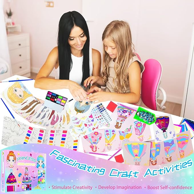 FJBICODA 30 Paper Craft Activities Kits, Arts & Crafts Gifts for Girls Age 5-12, Princess Makeup Play on Paper, Dress Up Game, Foil Fun & Diamond Art, Creative Toy for 5 6 7 8 9 10 11 12 Year Old Kid