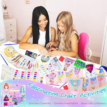 FJBICODA 30 Paper Craft Activities Kits, Arts & Crafts Gifts for Girls Age 5-12, Princess Makeup Play on Paper, Dress Up Game, Foil Fun & Diamond Art, Creative Toy for 5 6 7 8 9 10 11 12 Year Old Kid