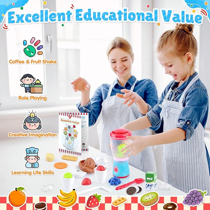 PLAY Smoothie Maker Toy Blender Set - 27 Pcs Pretend Play Kitchen Appliance for Kids with Realistic Action, Light and Sound, Play Toy Food Fruits and Cookies, Toy Mixer Birthday Gift for Kids Ages 3+