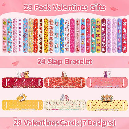 Valentines Day Gifts for Kids,24Packs Valentines Cards with Slap Bracelets Bulk,Cute Valentines Bracelet for Classroom Prizes,School Exchange Gifts Party Favors,Goodie Bags Stuffers