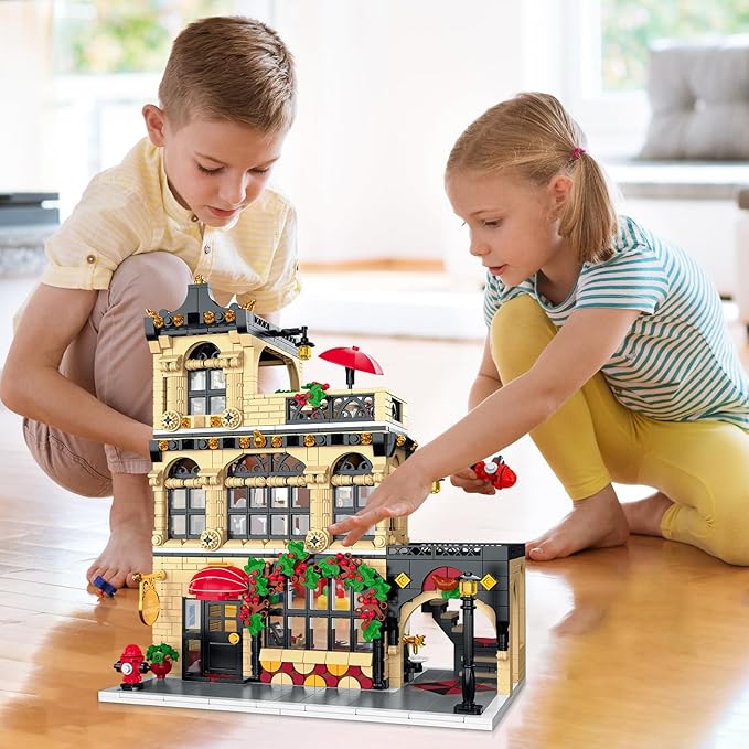 City Restaurant Architecture Building Kit with LED Lights, 3 Levels Restaurant Building Blocks 1489 Pcs City Street View Building Toys Modular House Building Blocks Set for Adult Teen Kids 14+