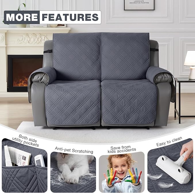 TAOCOCO 100% Waterproof Loveseat Recliner Cover, Non Slip Split Recliner Couch Covers for 2 Cushion Couch with Elastic Straps, Washable Recliner Chair/Furniture Protector for Pets(2 Seater, Dark Grey)
