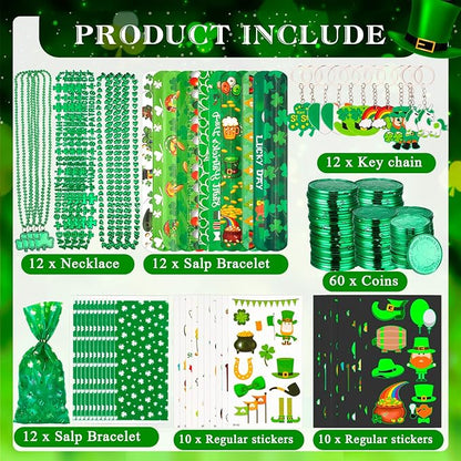 St. Patrick's Day Party Accessories Favor Set Including Luminous Tattoo Stickers, Necklaces, Slap Bracelets, Shamrock Coins, Keychains, Gift Bags for St. Patrick Irish Party Supplies Favors Decor
