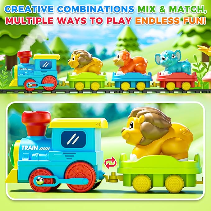 Train Set for Toddlers w/Steam, Music & Lights - Electric Train Toy for Kids with Tracks Accessories, Includes 3 Animals Car : Lion Gorilla and Elephant, Best Gifts for 1-3 4 5 6+ Years Old Boys Girls