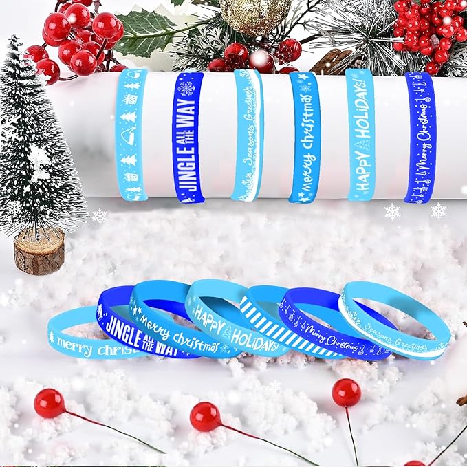 Morcheiong 42 Pieces Christmas Rubber Bracelets 7 Classic Design Silicone Wristbands for Merry Xmas Party Favors (Blue)