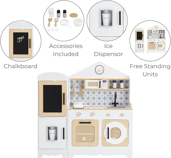 Teamson Kids Little Chef Morocco Play Kitchen with Chalkboard, Ice Dispenser, and 11pc. Accessory Set, White/Natural
