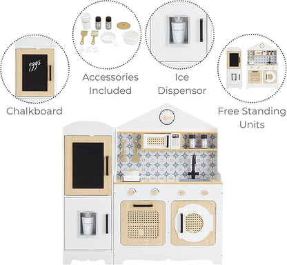 Teamson Kids Little Chef Morocco Play Kitchen with Chalkboard, Ice Dispenser, and 11pc. Accessory Set, White/Natural