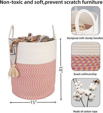 XUANGUO Cotton Rope Laundry Basket Hamper for Clothes Woven Storage Basket for Living Room Bedroom Boho Tall Rope Baskets for Blanket Toys Pillow Towels Baby Nursery Hamper Bin Large (multicolor)