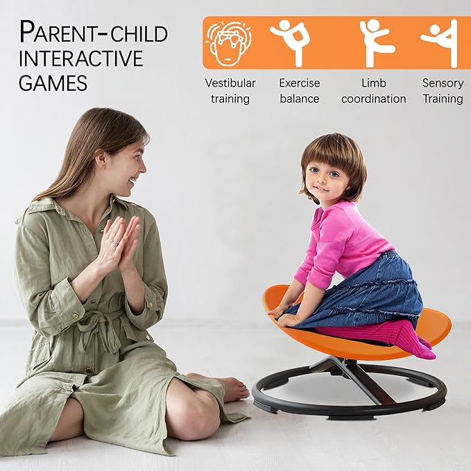 Autism Kids Swivel Chair,Sensory Spinning Chair for Kids,Toddler Spinner seat Carousel Spin Sensory Chair for Kids,Training Body Coordination,Metal Base Non Slip Safer (Orange)