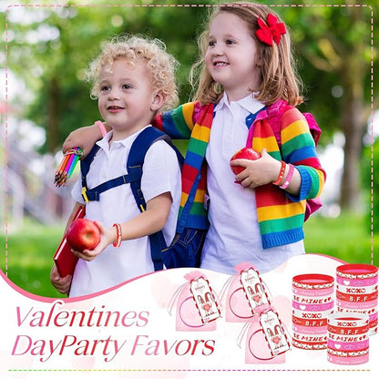 Liliful 24 Set Valentine's Day Classroom Gifts for Kids, 24 Pink Red Love Heart Silicone Wristbands with Cards and Organza Bags for Students Exchange Gift Valentine Party Favors Goodie Bag Stuffers