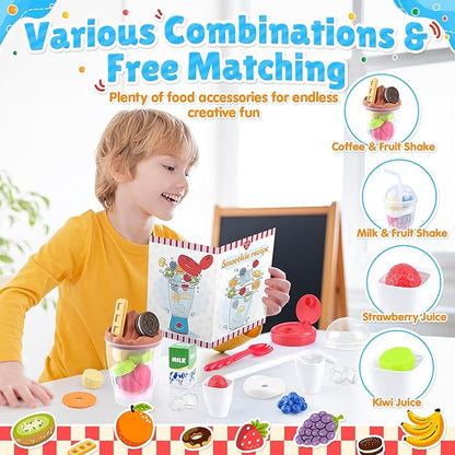 PLAY Smoothie Maker Toy Blender Set - 27 Pcs Pretend Play Kitchen Appliance for Kids with Realistic Action, Light and Sound, Play Toy Food Fruits and Cookies, Toy Mixer Birthday Gift for Kids Ages 3+