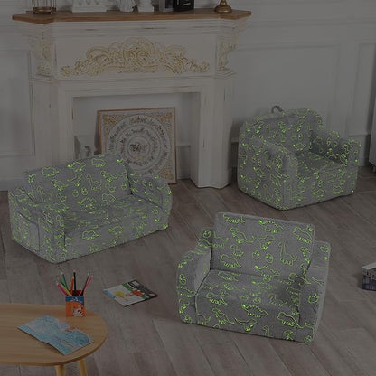 Dinosaur Glow in The Dark Toddler Couch, 2-in-1 Toddler Soft Couch Fold Out with Star Pillow, Convertible Sofa to Lounger for Girls and Boys, 1-Seat