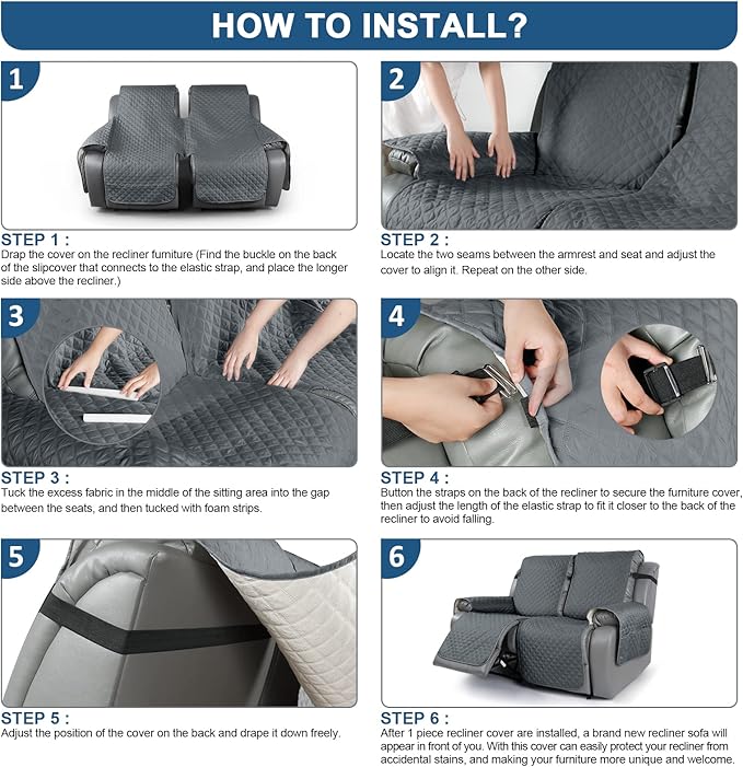 TAOCOCO Loveseat Recliner Cover Non-Slip Sofa Slipcover, Pet Cover for Loveseat Recliner with Elastic Straps, Washable Reclining Loveseat Cover Recliner Furniture Protector (2 Seater, Dark Grey)