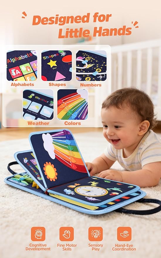 GONINO Toddler Busy Board Montessori Toys for 3 Year Old, Dinosaur Space Busy Book with 23 Activities for Learning Fine Motor Skills, Sensory Travel Toys for Airplane Car, Gifts for Boys Girls 3+