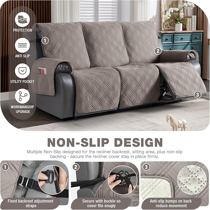 TAOCOCO Waterproof Recliner Sofa Cover, Non Slip Split Recliner Couch Cover with Elastic Straps Pocket, Washable Reclining Sofa Cover Furniture Protector for Kids, Dogs, Pets(3 Seater, Light Brown)
