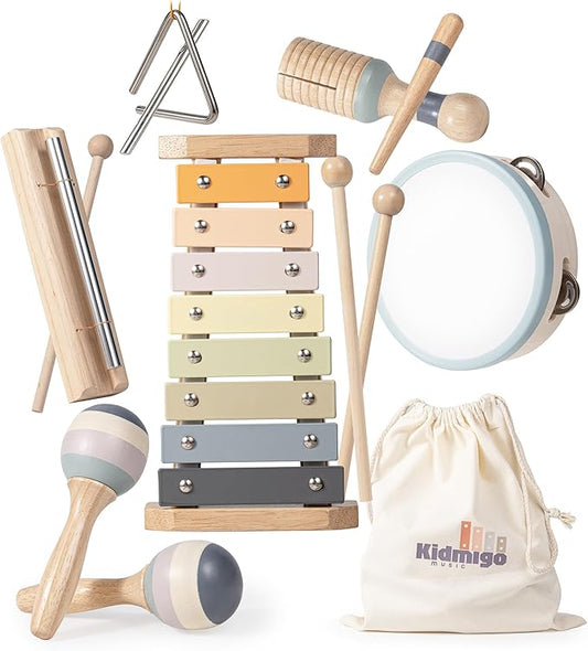 Toddler Musical Instruments 7 in 1 Wooden Xylophone Maracas Baby Sensory Musical Kids Montessori Toys with Canvas Storage Bag