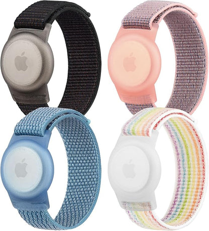 4 Pack Nylon Air Tag Bracelet for Kids, Soft Nylon Air Tag Wristband for Apple Air Tag, Adjustable Anti Lost Wristband for Toddler Baby, Boys, and Girls, Elders (Black/Blue/Pink Sand/Rainbow)