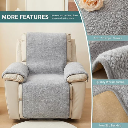 vctops Sherpa Fleece Recliner Chair Cover Super Soft Warm Plush Sofa Slipcover Furniture Protector Non Slip Washable Reclining Chair Cover for Kids, Pets (Light Grey,22"x82")