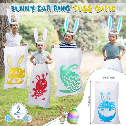 Hiboom 38 Pcs Easter Party Games for Adults, Include Potato Sack Race Bags Easter Bean Bag Toss Game 3 Legged Race, Egg Spoon Race Game, Inflatable Bunny Ring Toss Game for Easter Games
