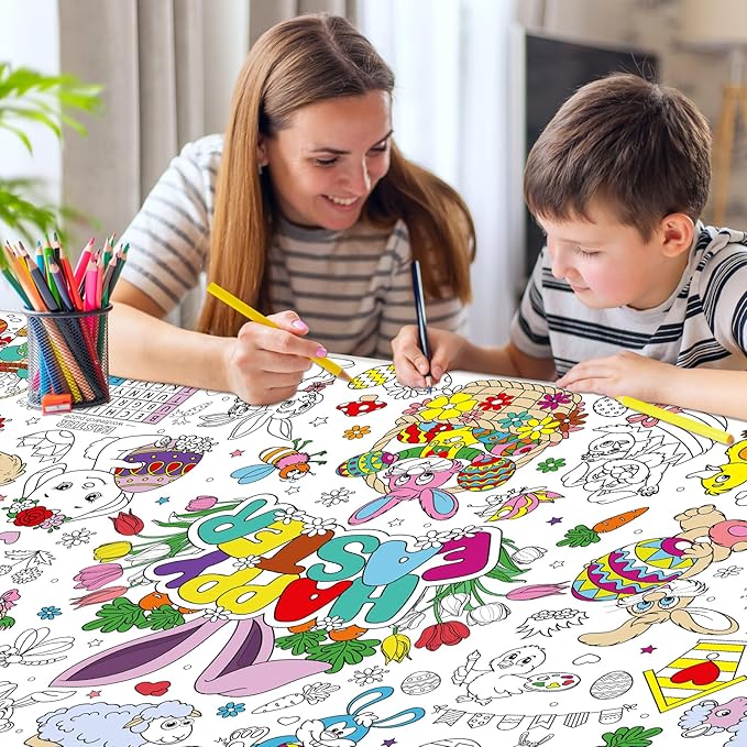 Easter Large Coloring Poster for Kids, Happy Easter Jumbo Coloring Paper Tablecloth, Bunny Eggs Color-in Craft Activities for Kids Easter School Classroom Home Party Supplies Decorations, 30 x 72 Inch