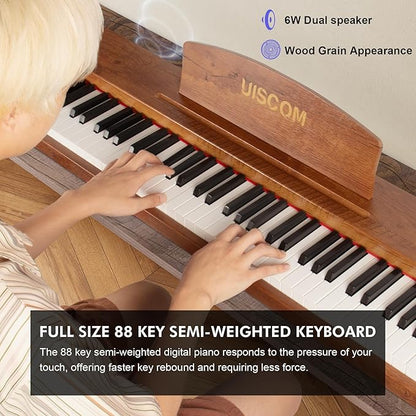 UISCOM 88 Key Digital Piano Keyboard for Beginners,Full Size Electric Piano Semi-Weighted Keyboard with Sheet Music Stand,Pedal,Headphone,Power Adapter,USB-MIDI Compatibility,Wood Grain Brown