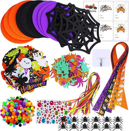 Winlyn 12 Sets Halloween Wreath Signs Decorations DIY Halloween Craft Kits Fall Kids Crafts Art Sets Ghost Spider Web Witch Hat Pumpkin Foam Stickers Arts and Crafts for Kids Home Classroom Activities