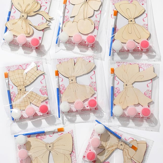 Saypacck 24 Pcs Party Favors Wooden Painting Craft Kits Wild West Party Supplies with Organza Bag for Rodeo Western Farm Barnyard Birthday Favors Goodie Bags Fillers(Bowknot Style)