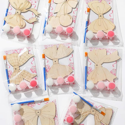 Saypacck 24 Pcs Party Favors Wooden Painting Craft Kits Wild West Party Supplies with Organza Bag for Rodeo Western Farm Barnyard Birthday Favors Goodie Bags Fillers(Bowknot Style)