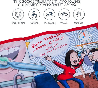 Routines 11 Pages Quiet Book for 3+ Year Old Boys and Girls | Bilingual Soft Book | Preschool and Early Learning | Montessori Fabric Book for Toddlers | Play and Learn Toy | 14 Pieces Included.