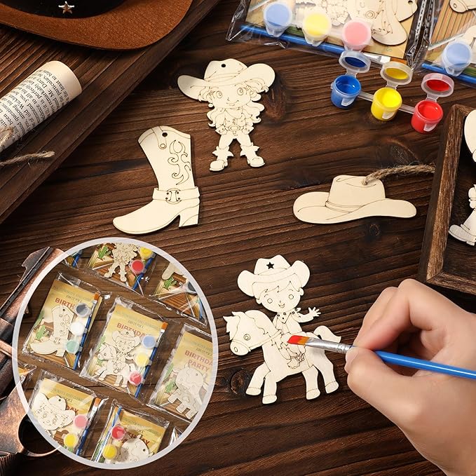 Saypacck 24 Pcs Western Cowboy Party Favors Wooden Painting Craft Kits Birthday Party Supplies with Organza Bag for Goodie Bags Fillers Adult Thank You Gifts
