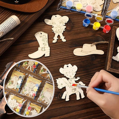Saypacck 24 Pcs Western Cowboy Party Favors Wooden Painting Craft Kits Birthday Party Supplies with Organza Bag for Goodie Bags Fillers Adult Thank You Gifts