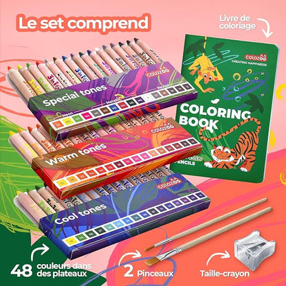 Gecko 3-in-1 Kids' Pencil Set | 48 Coloring Pencils with 2 Brushes, Sharpener, and Book for Ages 3 and Up | Ideal for Drawing, Pencil-Crayons, and Sets for Children