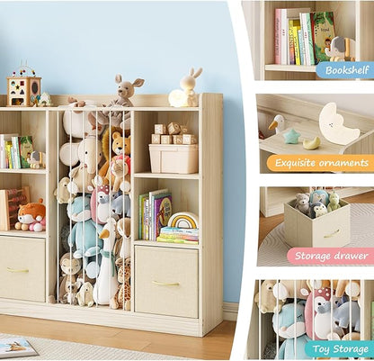 EXPERLAM Toy Storage Organizer with Stuffed Animal Storage, Wooden Toy Organizer & Stuffed Animal Zoo, 6 Cubes Shelf with Removable Drawers, 4 -in-1 Book Shelf for Kids Room, Playroom, Nursery