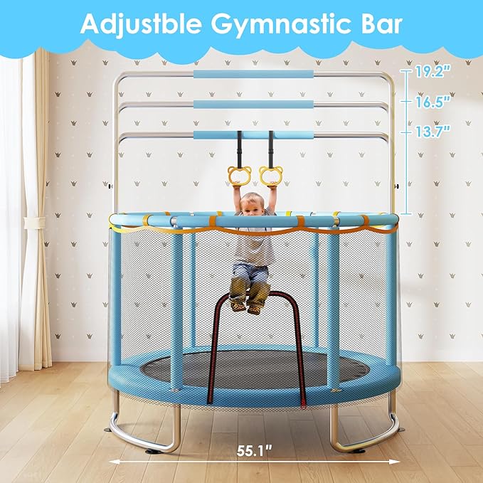 Trampoline for Kids, Upgrade Full Anti-Rust 440lbsToddler Trampoline with Net,Upgraded Ring Legs with Adjustable Gymnastics Bar&Toys, Gifts for Ages 1-8 Boys&Girls