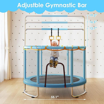 Trampoline for Kids, Upgrade Full Anti-Rust 440lbsToddler Trampoline with Net,Upgraded Ring Legs with Adjustable Gymnastics Bar&Toys, Gifts for Ages 1-8 Boys&Girls