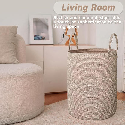 JMvicyroam Large Woven Laundry Basket Hamper,80L Cotton Rope Storage Bin for Blankets,Toys and Clothes,Decorative Tall Nursery Hamper for Living Room,Baby Nursery,Bathroom and Bedroom,Oatmeal