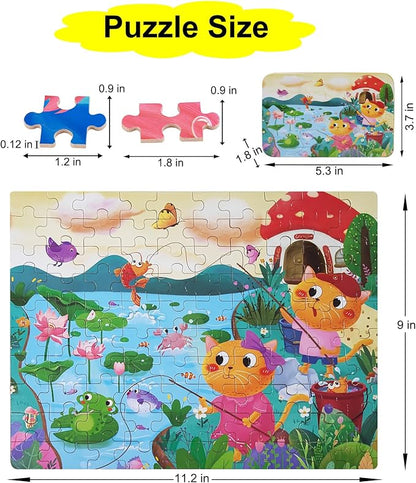 100PCS Kids Puzzles Wooden Block Jigsaw Puzzles for Kids Ages 6-8 8-10 10-12 Educational Learning Toys Set for Boys and Girls(Cat)