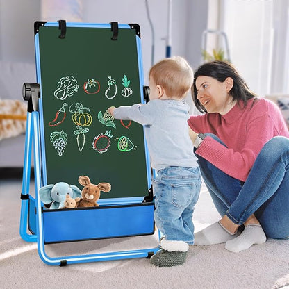 Kids Easel Double-Sided Art Easel with Paper Clip Height Adjustable Whiteboard & Chalkboard 360°Rotating Standing Art Easel for Kids Gift for Boys and Girls Toys for Ages 2-4