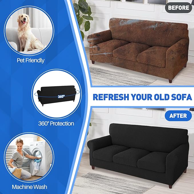 MAXIJIN 4 Piece Couch Covers for 3 Cushion Couch Super Stretch Non Slip Couch Cover for Dogs Pet Friendly Elastic Jacquard Furniture Protector Sofa Slipcovers (Sofa, Black)