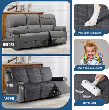 TAOCOCO 100% Waterproof Recliner Sofa Cover-Non Slip Split Couch Covers for Reclining Couches with Elastic Straps,Couch Covers for 3 Cushion Couch Sofa Pet Friendly(Black Gray, 3 Seater)