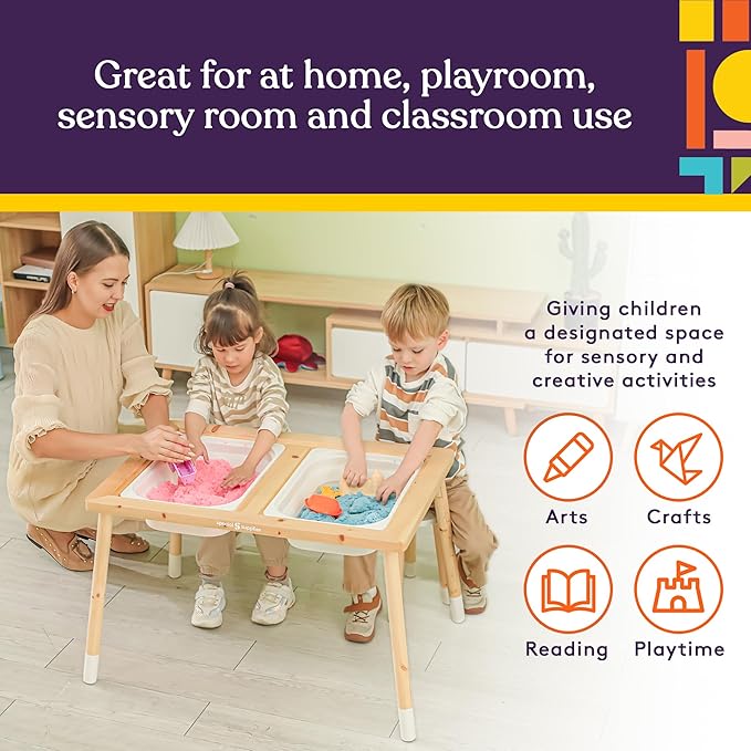 Special Supplies Kid’s Sensory Table Set with Deep Water and Sand Bins, Writable Lids, Chalk and Dry Erase Markers for Active, Hands-On Learning, Fun Play, Arts and Crafts - Pine Wood
