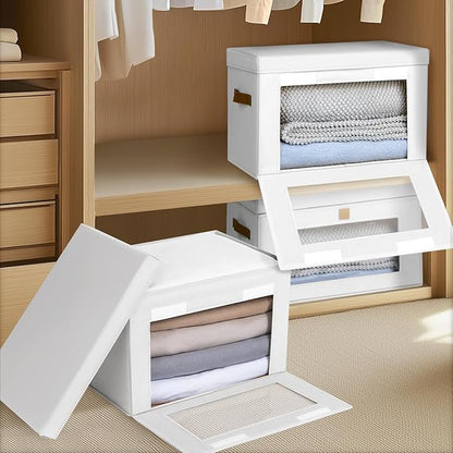 Homsorout Large Clothing Storage Bins - Collapsible Boxes with Handles & Window, Decorative Organizer Bins with Lids, Fabric Containers for Living Room, Dorm, 2 Pack, White