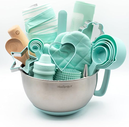 Ultimate Baking Kit for Kids - Kids Baking Set with Child Sized Utensils - Includes Apron, Oven Mitts, Silicone Mats & Liners - Perfect Cooking Set for Kids Ages 6-12 - Gift for Children – Mint