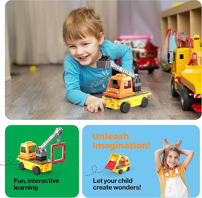 PicassoTiles Magnet Tile Building Blocks 3-in-1 Crane, Dump Truck, and Ladder Construction Vehicle Brick Compatible Magnetic Tiles Toy Set with Car Base Character Action STEM Learning Kit Age 3+ PTU03