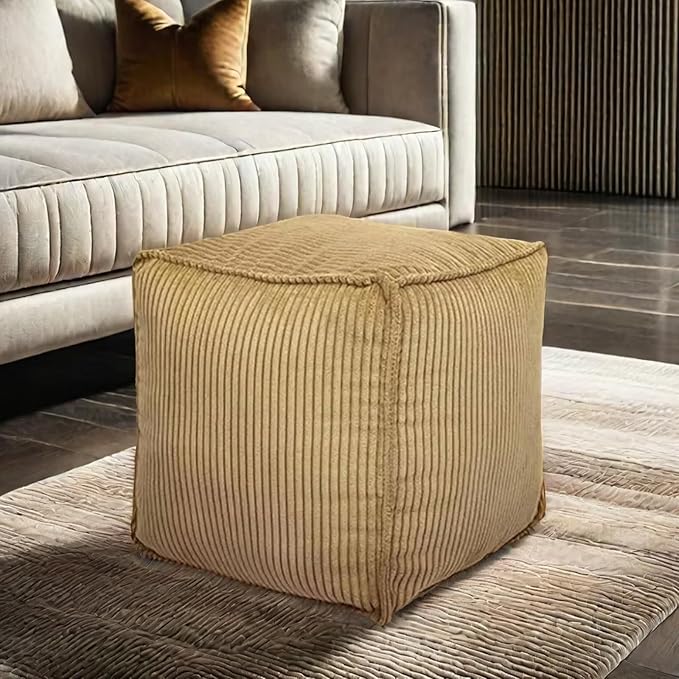 Louis Donné 17 Strip Unstuffed Pouf Ottoman Cover Square Space-Saving Organizer Footrest Cover Indoor & Outdoor Reading Room Kid Pets Girls Super Soft Cotton Fabric Yellow (Only Cover)