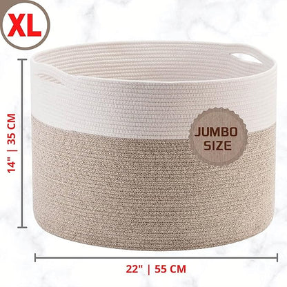 MINTWOOD Design Extra Large 22 x14 Inches Decorative Woven Cotton Rope Blanket Storage Basket Bin Living Room and Laundry Hamper for Pillows, Pool Towels, Dog Toys, Shoes, Light Brown
